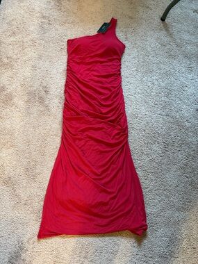 Klassy Network One-Shoulder Ruched Midi Dress - Red